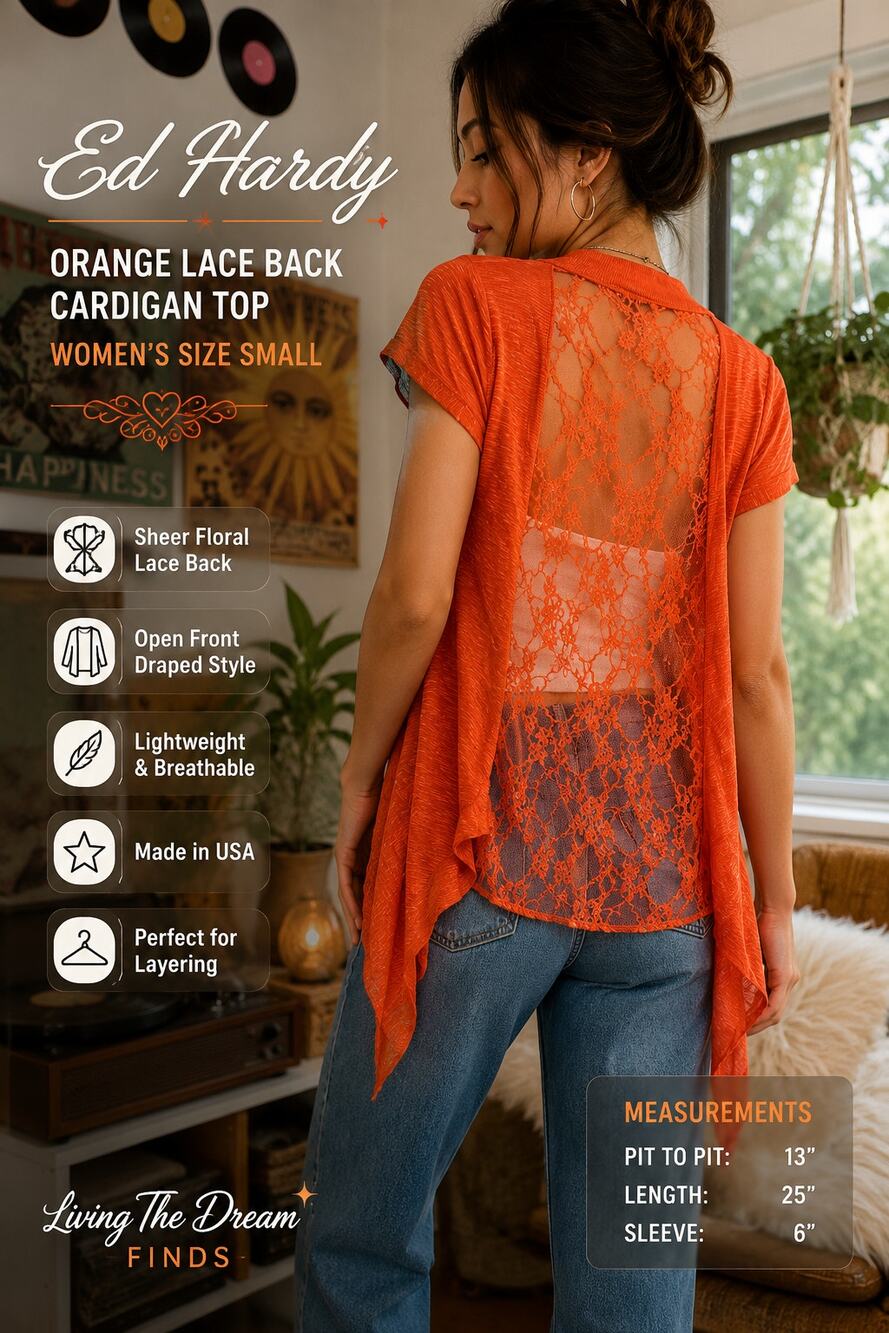 Ed Hardy Women’s Small Orange Lace Back Open Front Cardigan Top Made in USA